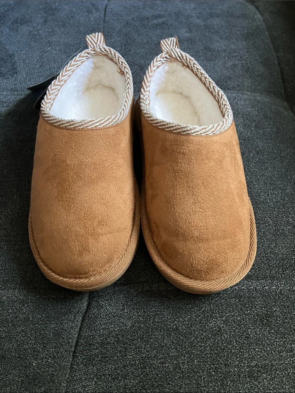 BearPaw Chestnut Slip-On Faux Suede Slippers with Sherpa Lining